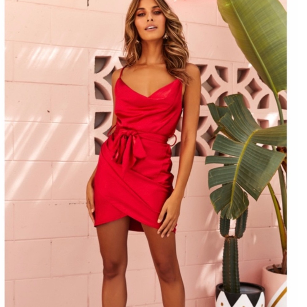 Hello Molly Red satin cowl neck dress